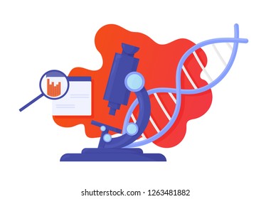 Nanotechnology DNA structure sceince concept vector illustration. DNA helix survey and genome study presentation template. Genome helix and infographic charts elements.