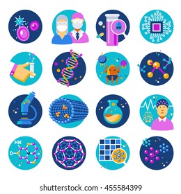 Nanotechnology flat icons set with materials atoms chemistry robots dna electronics medicine microscope isolated vector illustration
