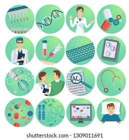 Nanotechnology flat icons set with scientists microchips and drugs laboratory researches dna and devices isolated vector illustration. Nanomedicine icons.