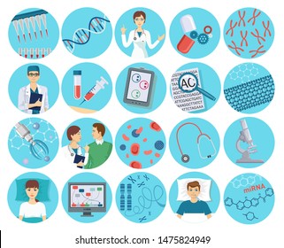 Nanotechnology flat icons set. Scientists microchips and drugs laboratory researches dna and devices isolated vector illustration. Nanomedicine. Medical icons.