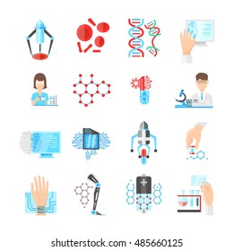 Nanotechnologie-Flachsymbole mit Wissenschaftlern Mikrochips und Medikamentenlaborforschungen DNA und Geräte einzeln auf Vektorillustration Illustration