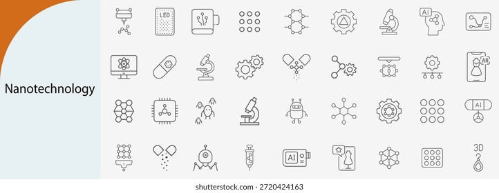 Conjunto de nanotecnología y ciencia molecular del futuro, iconos vectoriales de contorno, negro