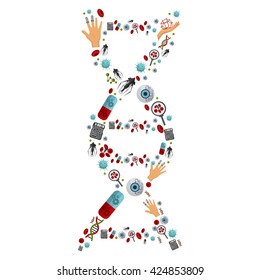 Nanotechnology icon flat set with many icons grouped in the form of DNA vector illustration