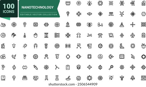 Conjunto de iconos de nanotecnología. Signos y símbolos en la ciencia con Elementos. Pixel perfecto, Web minimalista e icono de interfaz de usuario. Colecciones de iconos de esquema.