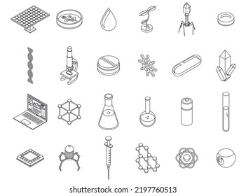 Nanotechnology icons set. Isometric set of nanotechnology vector icons outline thin lne isolated on white