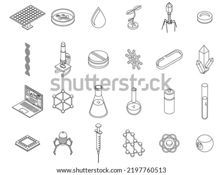 Nanotechnology icons set. Isometric set of nanotechnology vector icons outline thin lne isolated on white