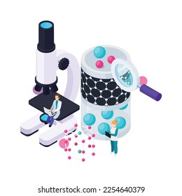 Nanotechnology isometric composition with icons of atoms lab equipment and human characters of scientists vector illustration