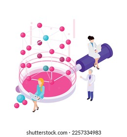 Nanotechnology isometric composition with icons of atoms lab equipment and human characters of scientists vector illustration