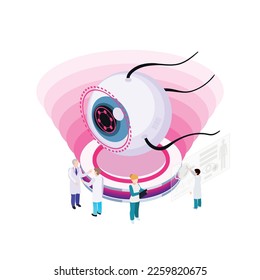 Nanotechnology isometric composition with icons of atoms lab equipment and human characters of scientists vector illustration
