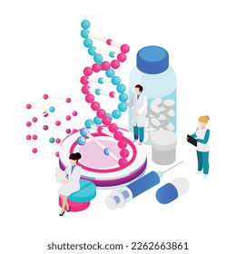 Nanotechnology isometric composition with icons of atoms lab equipment and human characters of scientists vector illustration