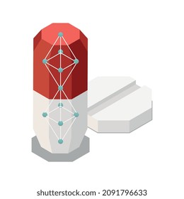 Nanotecnología composición isométrica con imagen aislada de píldora médica con ilustración vectorial neta molecular