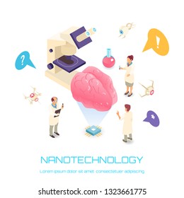 Nanotechnology isometric concept with brain science symbols white background isolated vector illustration