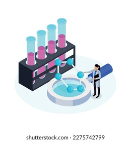 Nanotechnology isometric icon with laboratory tools molecule model and character of scientist 3d vector illustration