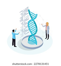 Nanotechnology isometric icon with scientists and dna structure 3d vector illustration