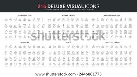 Nanotechnology, lab research and space observatory line icons set. Search for recycle ideas, renewable energy sources, containers delivery by sea and air thin black outline symbols vector illustration