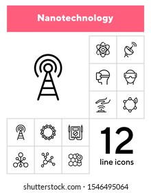 Nanotechnology line icon set. Radar satellite, VR headset, organic molecule. Modern technology concept. Can be used for topics like physics, chemistry, virtual reality