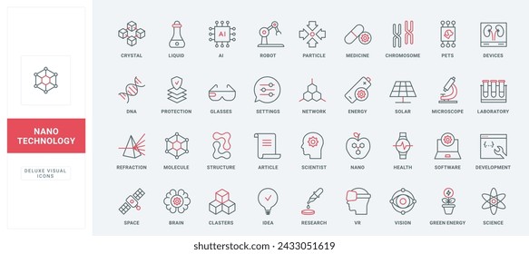 Nanotechnology line icons set. laboratory research of chromosomes and molecular structure, chemical liquid and brain, chemistry lab innovation thin black and red outline symbols, vector illustration