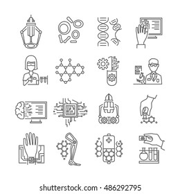 Nanotechnology linear icons set with robots and microchips scientists in laboratories dna and particles isolated vector illustration
