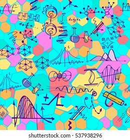 Nanotechnology and physics seamless pattern with sketch elements. Science vector background with decorative formulas and graphs. Hand drawn.