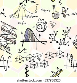 Nanotechnology and physics seamless pattern with sketch elements. Science vector background with decorative formulas and graphs. Hand drawn.