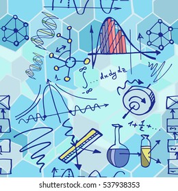 Nanotechnology and physics seamless pattern with sketch elements. Science vector background with decorative formulas and graphs. Hand drawn.