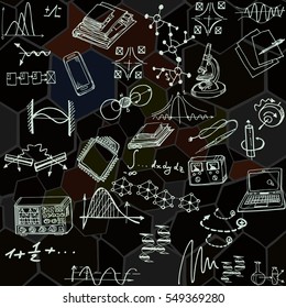 Nanotechnology and physics seamless pattern with sketch elements. Science vector background with decorative formulas and graphs. Hand drawn.