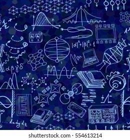 Nanotechnology and physics seamless pattern with sketch elements. Science vector background with decorative formulas and graphs. Hand drawn.