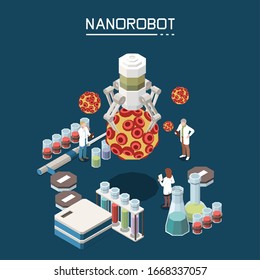 Nanotechnology research lab with bio structures integrating synthetic nanostructures as medical nanorobotics engine isometric composition vector illustration 