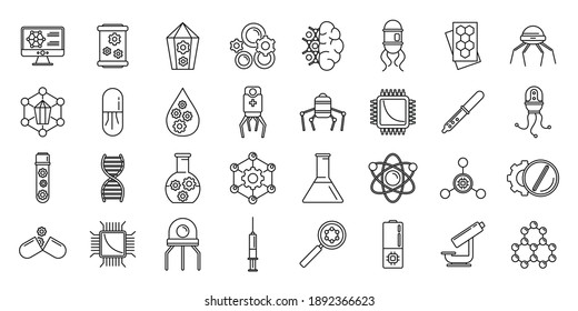 Nanotechnology science icons set. Outline set of nanotechnology science vector icons for web design isolated on white background