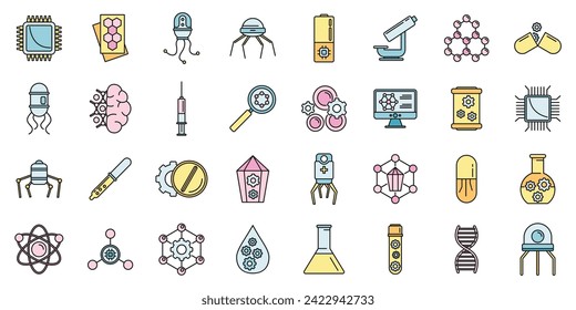 Nanotechnology science icons set. Outline set of nanotechnology science vector icons thin line color flat on white