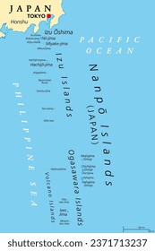 Nanpo-Inseln, Inselgruppen von Japan, politische Landkarte. Vulkaninseln im Pazifik östlich der Philippinen, südlich der japanischen Inselgruppe, bestehend aus den Izu-, Ogasawara- und Vulkaninseln.