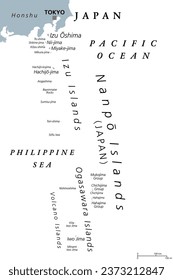 Nanpo Islands, island groups of Japan, gray political map. Volcanic islands located in the Pacific east of Philippine Sea, south of Japanese archipelago, comprising Izu, Ogasawara and Volcano Islands.