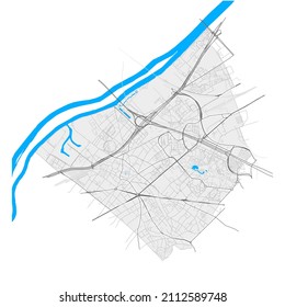 Nanterre, Hauts-de-Seine, France high resolution vector map with city boundaries and editable paths. White outlines for main roads. Many detailed paths. Blue shapes and lines for water.