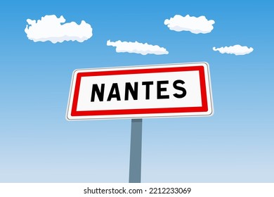 Nantes city sign in France. City limit welcome road sign.