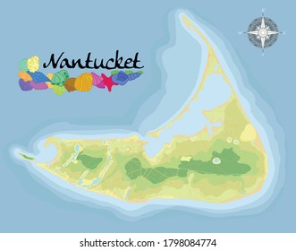 Nantucket Island road. Realistic satellite background map with designation of beaches, places for rest and entertainments. Drawn with cartographic accuracy. A bird's-eye view.  svg