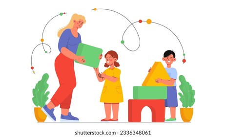 Nany with children concept. Young woman looking after small kids. Education and training, entertainment for boy and girl. Cartoon flat vector illustration isolated on white background