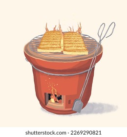 Nanyang Coffee Shop Charcoal Roast Toast Flat Illustration