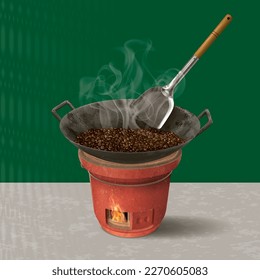 Nanyang Coffee Shop Charcoal Roast Coffee Beans with Old Wok and Spatula Realistic Illustration