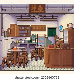 Nanyang Coffee Shop Interior Pixel Art. Translation: (Signage) Nanyang