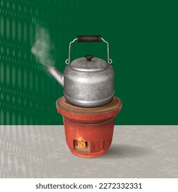 Nanyang Coffee Shop Old Kettle For Boiling Water on Charcoal Stove Realistic Illustration