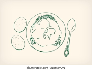 Nanyang Half Boiled Egg with Saucer Top View Doodle