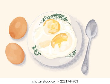 Nanyang Half Boiled Egg with Saucer Top View Flat Illustration