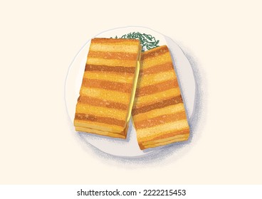 Nanyang Kaya Butter Toast Top View Flat Illustration