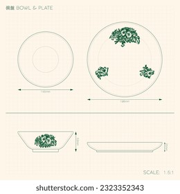 Nanyang Kopitiam Bowl and Plate Technical Drawing. Translation: (Title) Bowl and Plate