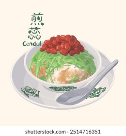 Ilustración plana de Nanyang Kopitiam Cendol. Traducción: (Título) Cendol