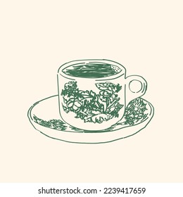 Nanyang Kopitiam Coffee Cup with Dark Green Hibiscus Pattern Doodle Hand Drawing