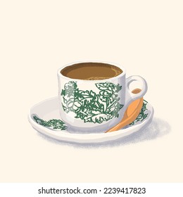 Nanyang Kopitiam Coffee Cup with Dark Green Hibiscus Pattern Flat Illustration