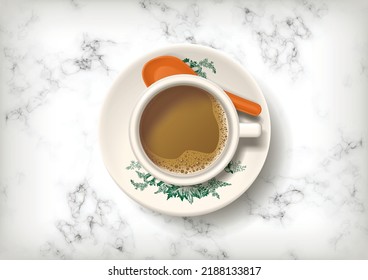 Nanyang Kopitiam Coffee Cup on Marble Background with Spoon Top View Realistic Illustration