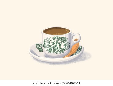 Nanyang Kopitiam Coffee Cup with Saucer Flat Illustration