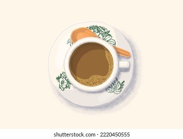 Nanyang Kopitiam Coffee Cup with Saucer Flat Top View Illustration